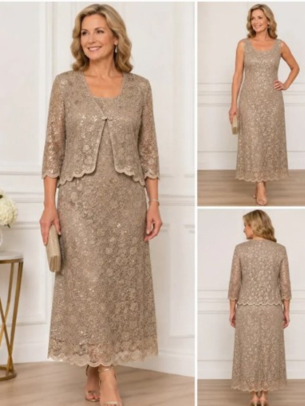R&M Richards 2 Piece Taupe Gold‎ Sequin Lace Mother of Bride Dress Jacket Set 12